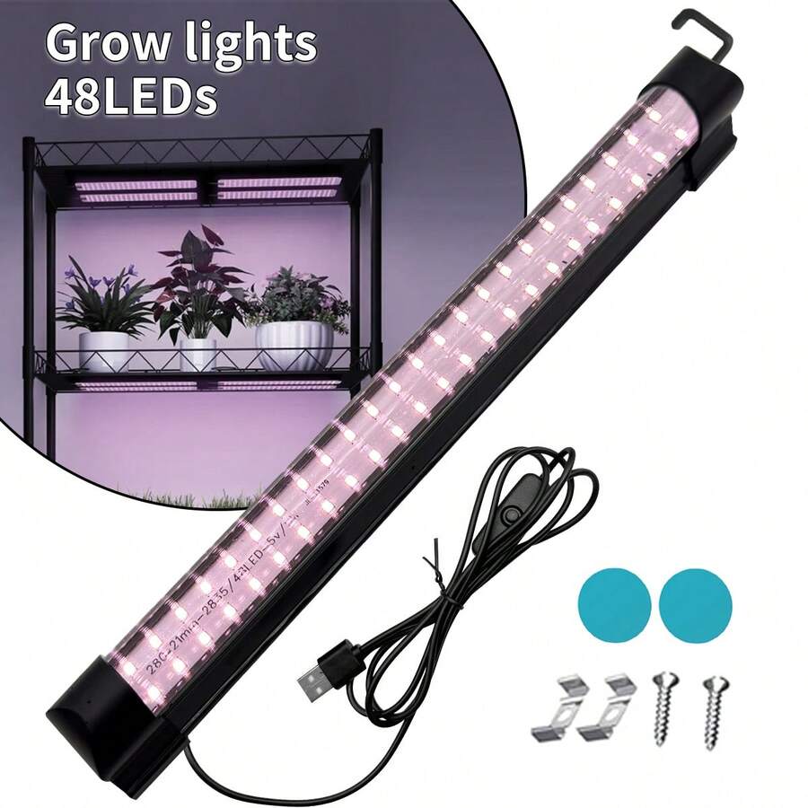 Lampu Pertumbuhan Tanaman Spektrum Penuh 48 LED - Lampu Penerangan Tambahan untuk Rak Bibit dan Bunga Hidroponik Dalam Ruangan - Lampu Bingkai dengan Pengait Tersembunyi, Pemasangan Klip Magnetik