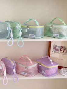 Large Capacity Dopamine Faux Pearl Zipper Pouch, Portable Makeup Bag, Travel Organizer Bag, Transparent Mesh Design,Pouch,Makeup Pouch,Travel Essential - Multicolor - View 4