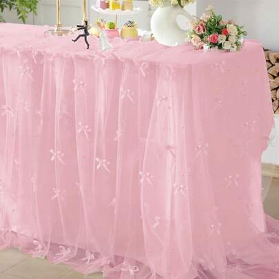 1pc Romantic Pearl Lace Table Runner, Wedding Arch Decor, Bridal Shower Gift Fabric, Romantic Pearl Lace Tablecloth, Suitable For Events, Embroidered Transparent Wrinkle-Resistant White Dessert Table