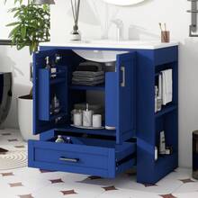 76 x 46 x 78,5 cm Mobile da bagno a terra, mobiletto lavabo, finitura completamente laccata, ripiani a doppia anta, cassetti silenziosi, ripiani su entrambi i lati, lavabo in ceramica integrato, blu