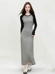 2-Tone Bodycon Dress, Autumn 2025 Collection, Gentle & Sweet Style, Long Sleeve, Slim Fit, Women Long Dress