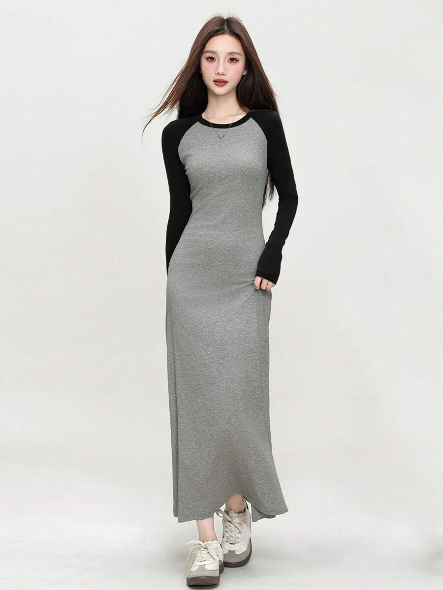 2-Tone Bodycon Dress, Autumn 2025 Collection, Gentle & Sweet Style, Long Sleeve, Slim Fit, Women Long Dress