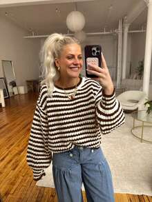 FOR BEAUTY Spring And Autumn New Round Neck Striped Color Blocking Lantern Sleeve Sweater Women Loose Fashion Long Sleeve Pullover Knit Sweater Christmas Top New Year