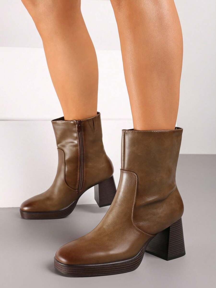 Bottines à talon carré classiques pour femmes - Casual Hiver - Kaki - Voir 1