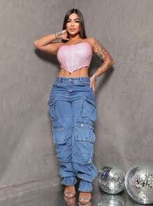 Cropped Corset With Ribs And Shiny Strapless | Ties At The Back Fashion 2025 Summer/Carnival/Party - Watermelon Pink - View 9