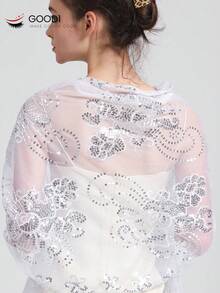 1pc Embroidered Beaded Floral Shawl, Elegant Solid Color Party Shawl, Luxurious Sequin Tassel Shawl, Handmade - Multicolor - View 1