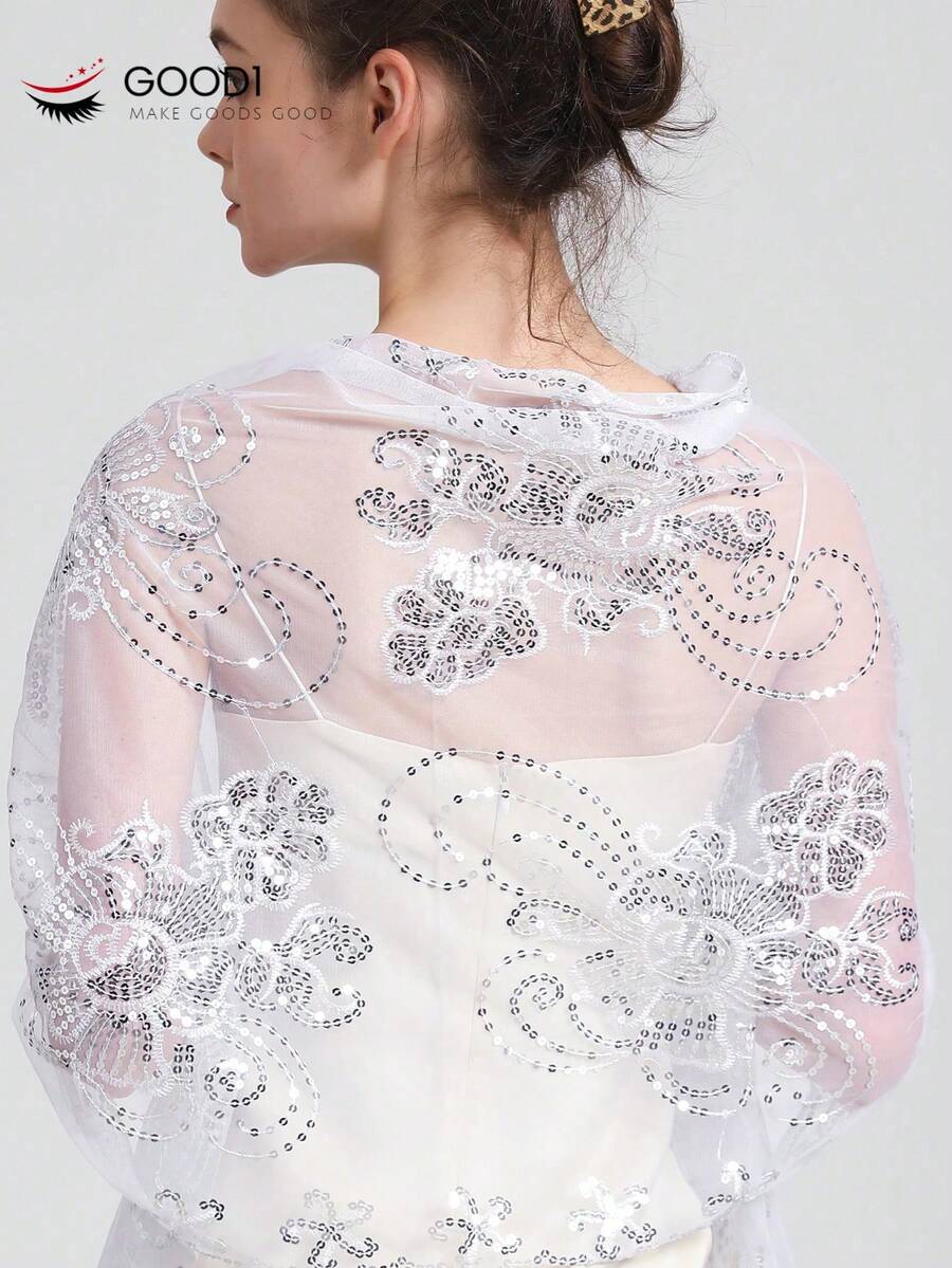 1pc Embroidered Beaded Floral Shawl, Elegant Solid Color Party Shawl, Luxurious Sequin Tassel Shawl, Handmade - Multicolor - View 1
