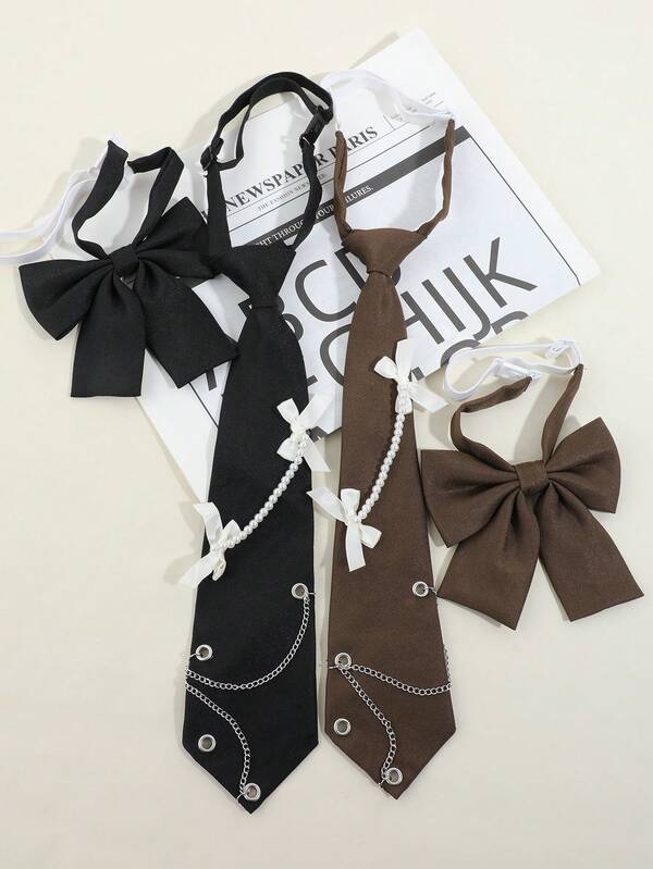2pcs Women's Cute Black/Brown Bow Pearl Chain Decor JK Tie Bowknot Set, Minimalist & Versatile, Suitable For Back To School Season