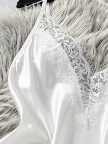 2 pezzi Set pigiama da donna comodo e tinta unita, design scollo a V e schiena scoperta con spalline regolabili, lingerie sexy abbinata a pantaloni pigiama morbidi con bordo in pizzo