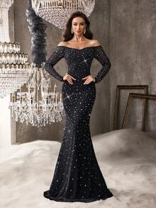 QOQ 优雅迷人的春夏热钻礼服女式水钻别致晚礼服，适合晚会、鸡尾酒会、晚宴、音乐会、慈善舞会、生日派对，黑色露肩修身长袖及地长裙 - 黑色 - 查看 4