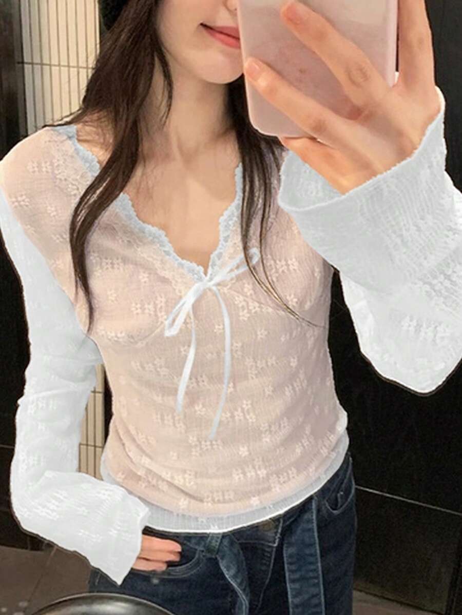 2025 Spring/Autumn Comfortable & Fashionable Long Sleeve Lace-Up Blouse - White - View 1