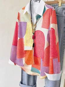 女士数码印花休闲长袖衬衫（随机印花） - 紅色 - 查看 1