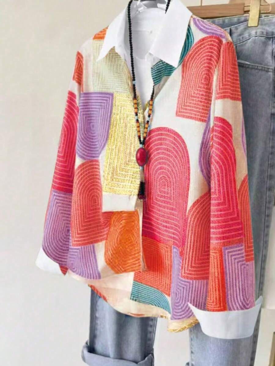 女士数码印花休闲长袖衬衫（随机印花） - 紅色 - 查看 1