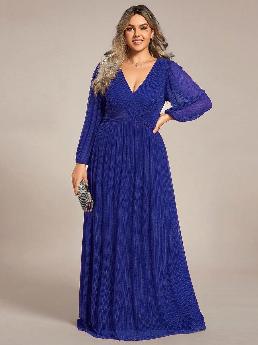 EVERPRETTY Plus Size Elegant Deep V-Neck Long Sleeve Blue Formal Evening Gown, Suitable For Weddings, Galas, Autumn/Winter/Spring