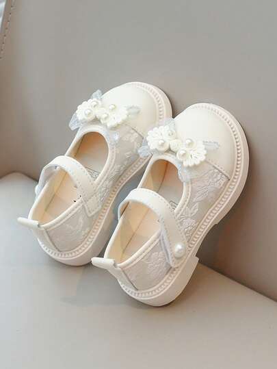 1 par de sapatos novos para meninas com laço e pérolas, estilo princesa, com fecho de e sola macia, confortáveis e ideais para primavera/outono.