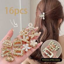 16/8 presilhas de cabelo elegantes e aleatórias com pérolas artificiais, mini garras de cabelo de metal chiques, versáteis para penteados diários - coque, rabo de cavalo, casual, trabalho, festa, presentes, acessórios de cabelo, presilhas de garra elegantes, itens escolares, acessórios de outono para faculdade
