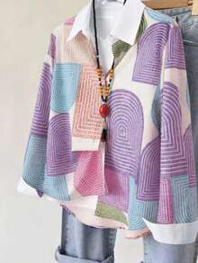 Plus Size Women's Digital Print Casual Long Sleeve Shirt (Random Print) - Purple - View 2