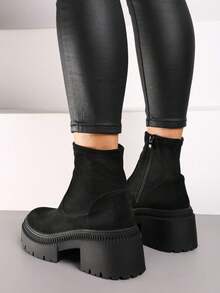Chelsea Boots With Thick Sole And Wedge Heel, Elastic Vamp - Black - View 4
