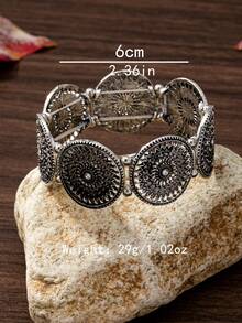 1 件复古阿拉伯风格花卉装饰塑料水钻黑色花朵弹性手链，时尚女性日常佩戴 - 復古銀色 - 查看 4