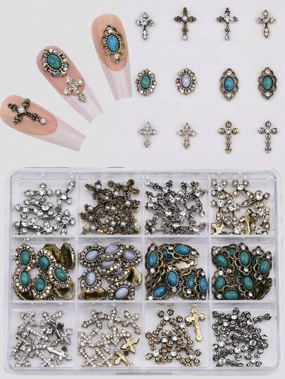 120pcs/Set Halloween Gold Nail Art Charms, Red Gemstone, Vintage Cross, Gothic Style, Black Skull, Spider, Ghost, Orange Pumpkin, Nail Art Decoration Accessories, Halloween Party Costume DIY Supplies