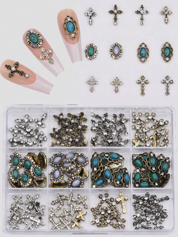 120pcs/Set Halloween Gold Nail Art Charms, Red Gemstone, Vintage Cross, Gothic Style, Black Skull, Spider, Ghost, Orange Pumpkin, Nail Art Decoration Accessories, Halloween Party Costume DIY Supplies