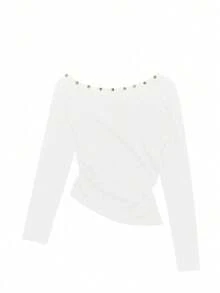 韩版时尚不对称肩部褶饰铆钉设计长袖T恤上衣，春季