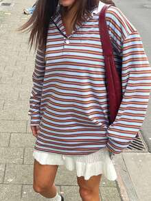 Women's Striped Rugby Polo Shirt Y2K Preppy Collared Long Sleeve Sweatshirt Lapel V Neck Oversized Pullover Tops - 藍色 - 查看 4