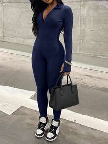 女式秋季长袖休闲拉链紧身连体裤