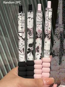 2pcs Pieces Of Butterfly Love Flower Series Ins Style Highly Attractively ST Head Quick-Drying Brushes For Girls' Hearts Neutral Pens For Students Black Pens For The Start Of The School Seaso
