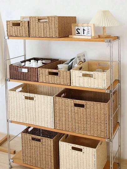 Cestini di vimini per l'organizzazione, confezione di cestini di stoccaggio nidificati per scaffali, cestini di stoccaggio in vimini per ripiani del bagno, cestini di stoccaggio intrecciati a mano, scatole di stoccaggio di colore solido, organizer per scrivania, porta TV, armadio da camera da letto, cestino di stoccaggio in rattan intrecciato con manico - scatola organizer per oggetti vari, organizer per armadio in paglia