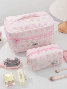 1 Pieza Bolsa de maquillaje con lazo, bolsa de almacenamiento de maquillaje de gran capacidad con asa, estilo acolchado simple, bolsa de maquillaje multifuncional, bolsa de viaje de tocador, bolsa de tocador estética de viaje, bolsa de almacenamiento de herramientas de belleza, bolsa de cosméticos para regalos, regalos para mujeres, bolsa de viaje, artículos esenciales de viaje, bolsa de mamá e hija