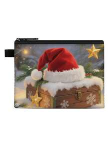 1 pieza Monedero compacto con cremallera, bolsa con cremallera de poliéster de moda y duradera con estampado gráfico con temática navideña, ideal para guardar monedas y pequeños artículos esenciales, regalo divertido con cierre , material duradero, fácil de mantener