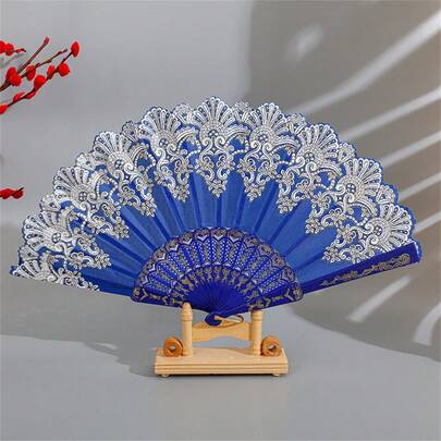 1pc Chinese Style White Silver Folding Fan, Suitable For Wedding Ceremony, Hanfu And Cheongsam Accessories