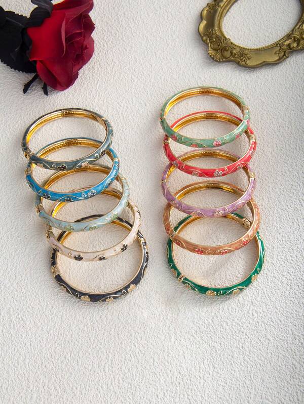 1 pezzo Braccialetto a fascia elastico con fiore smaltato colorato placcato in stile vintage francese, adatto per ufficio, casual, streetwear, festival musicali, gioielli personalizzati, regali per vacanze, matrimoni, San Valentino, Festa della Mamma, compleanni delle donne