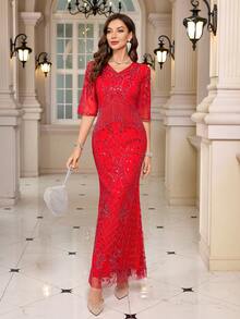 JINLICX V-Neck Sleeveless Beaded Tassel Decor Luxurious Party Wedding Dress - Red - View 2
