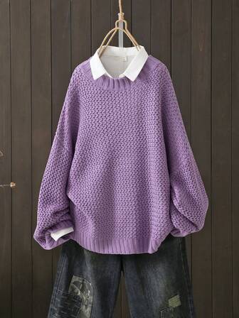 大码休闲纯色圆领套头毛衣，秋冬