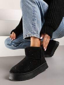 Insulated Flat Sole Snow Boots Decorated With Stitching And Rhinestones - Black - View 1