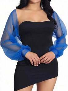 Șal ușor cu mânecă lungă din plasă, șal minimalist sexy transparent pentru mireasă, haine de toamnă pentru femei - Albastru regal - Vizualizare 4