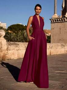 纯色针织面料露背高开衩拉链连体裤，适合节日、生日、派对、返校、单身派对、舞台和音乐会、春夏季 - 酒紅色 - 查看 2