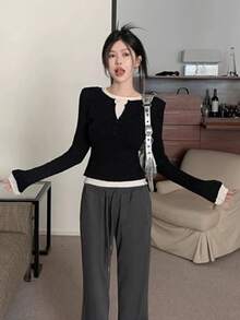 韩版设计 V 领修身二合一长袖针织毛衣，女式分层套头衫