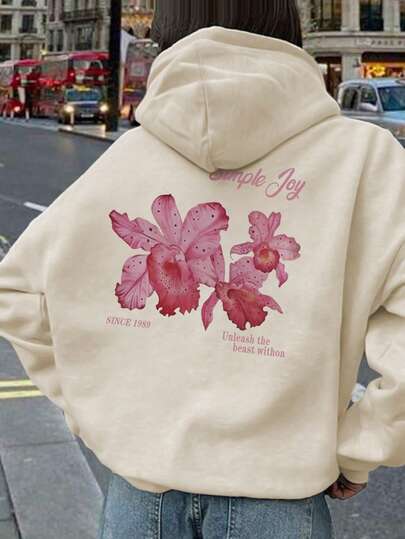 Sudadera con capucha de ajuste holgado con estampado gráfico y forro térmico para mujer, invierno