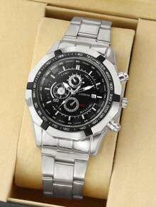 3pcs/Set Men's Oversized Dial Quartz Watch With Alloy Band, Suitable For Business, Sports, Daily Wear, And Beaded Crown Bracelet