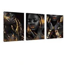 3 pièces Peinture moderne noir et or Femmes afro-américaines Toiles murales Affiches Portrait de reine noire Or Mode Image féminine exquise avec cadre Utilisé pour la décoration murale