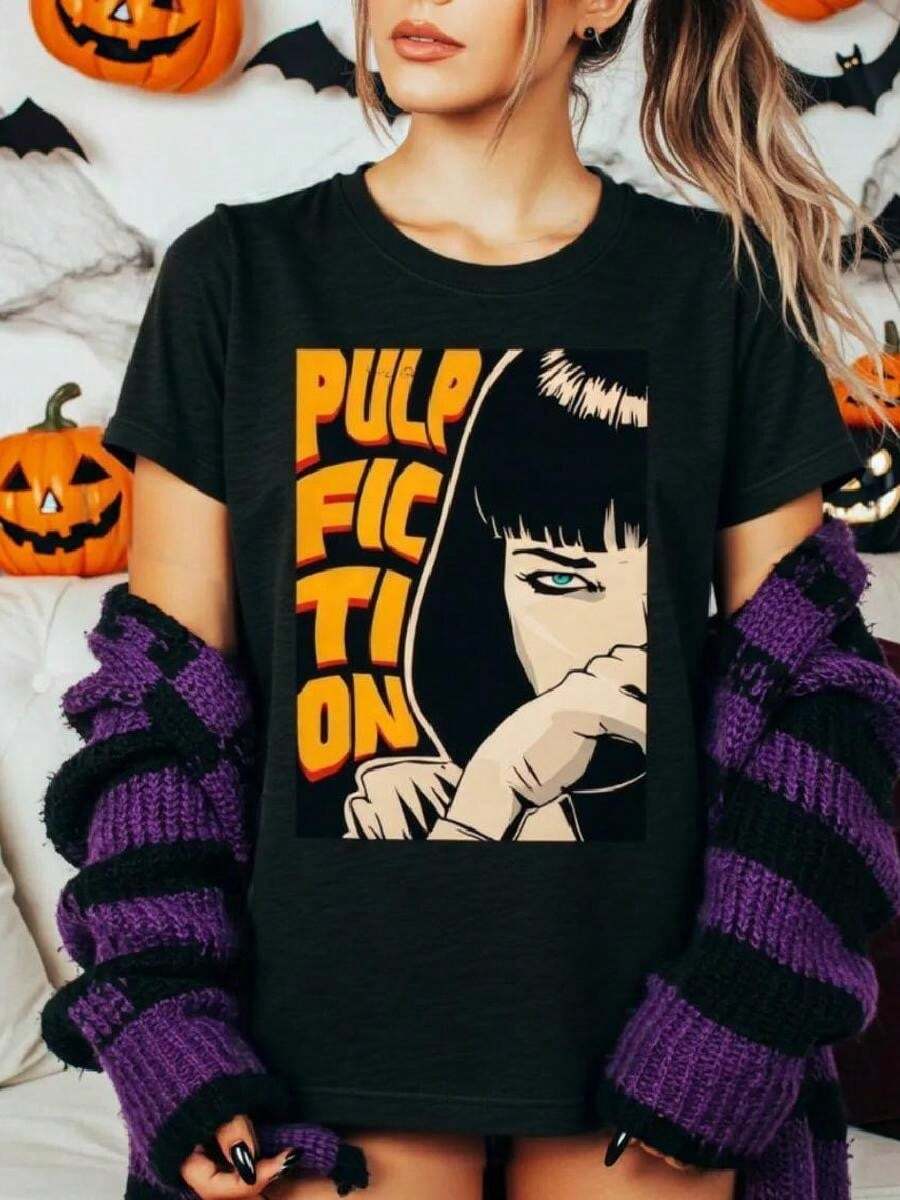 Women's Retro Pulp Fiction Graphic Print -Shirt -Black Casual Round Neck Tee With Bold Typography &Stylized Portrait,Washable Vintage-Inspired Top Casual Attire,Ladies Shirts,Allseason Clothing,Culture ApparelPrinted Shirts, Ladies' Tops, Printed Short-Sleeve One-Piece Shirts - 黑色8 - 查看 1