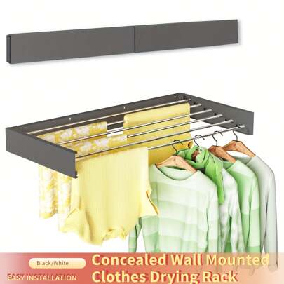 Wall Mounted Clothes Drying Rack ,Foldable Collapsible Laundry Rack With 5 Rods, Space-Saving Hidden Design, Durable Stainless Steel For Indoor Use, Black, Sleek Wall Unit, Space Saving Solution, Compact Storage, Easy Installation, Small Space Living