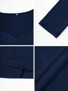 Blusa de manga larga con escote en V profundo, ajuste ceñido, unicolor, camiseta de punto, adecuada para usar en el Día de San Valentín - Azul marino - Ver 11
