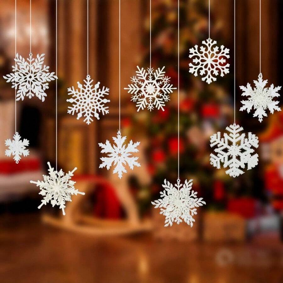 Plastic White Snowflake Hanging Ornaments, Christmas Snowflake Garland For Window, Christmas Tree, Party Decoration