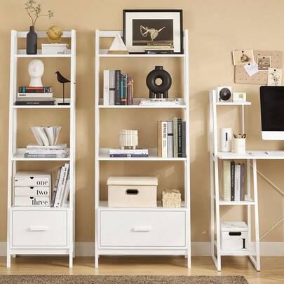 SoBuy FRG116-W Ladder Shelf Bookcase Standing Shelf Bathroom Shelf With Shelves And Drawer In White W 64cm