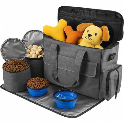Dog Travel Bag Airline Approved Pet Weekend Set With 2 Food Containers, 2 Collapsible Bowls, Large Capacity Tote With Pockets For Outdoor Trips & Car Travel – Grey