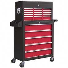 HOMCOM 2 In 1 Rolling Tool Cabinet On Wheels With 14 Drawers, Pegboard And Side Rack, Lockable Top Tool Chest And Roller Cabinet Combo For Workshop And Home, Red - 紅色 - 查看 2